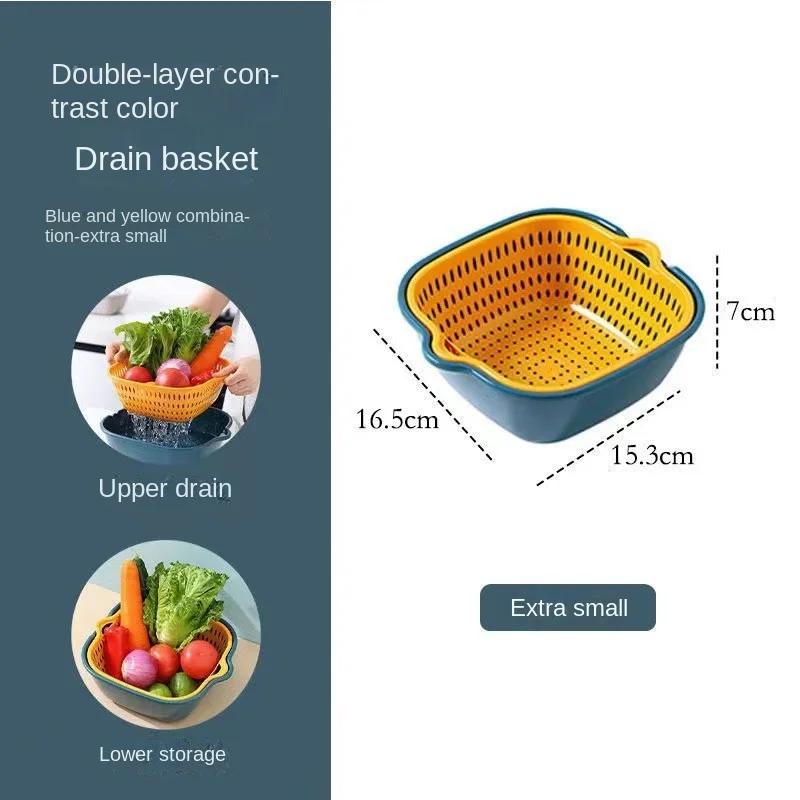 Double Layer Plastic Drain Basket for Fruits Vegetables Kitchen Utensils Square Leakproof Colander Multifunctional Wash Basin