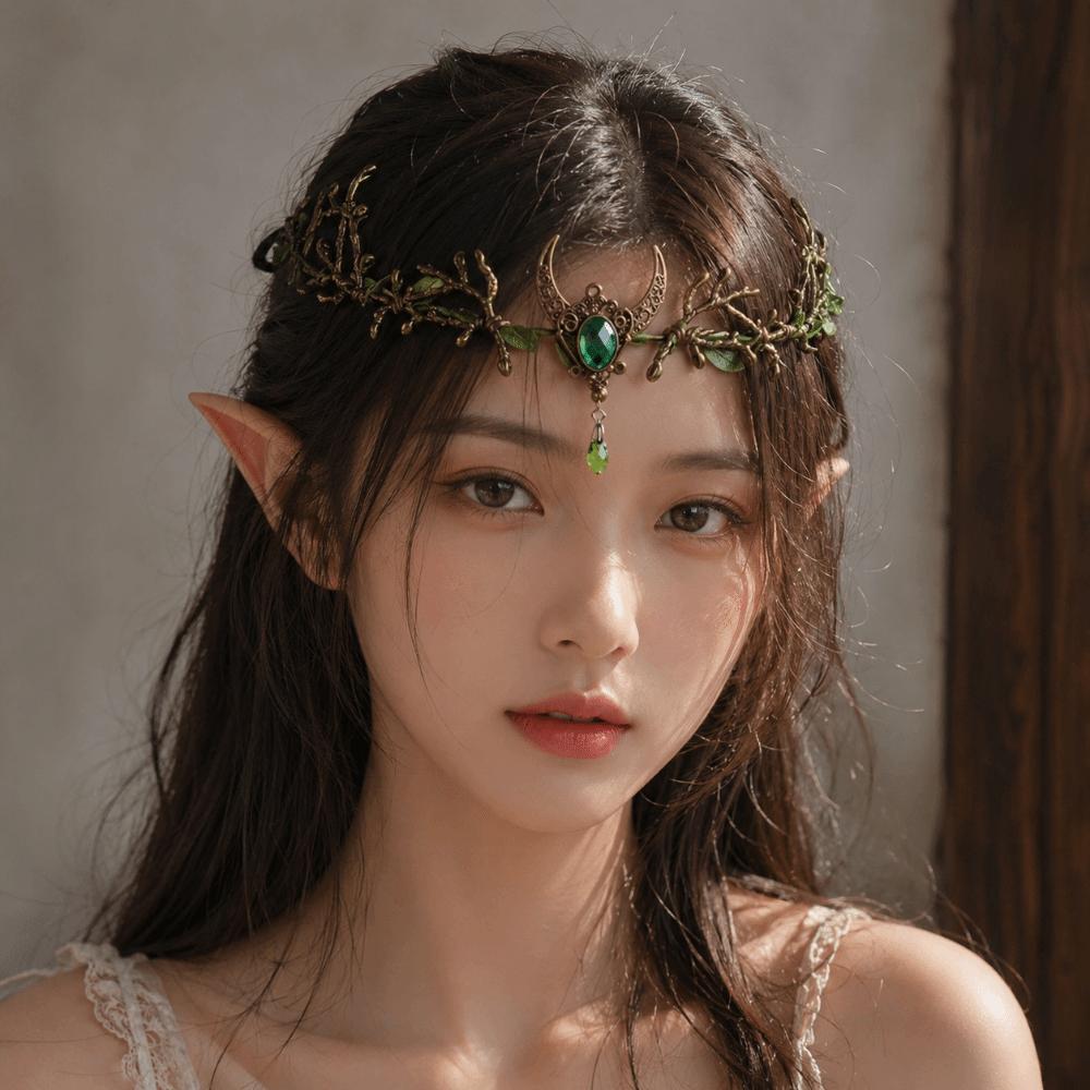 Moon Flower Elven Crown Green Gemstone Branch Leaf Headpiece Bridal Forehead Chain Wedding