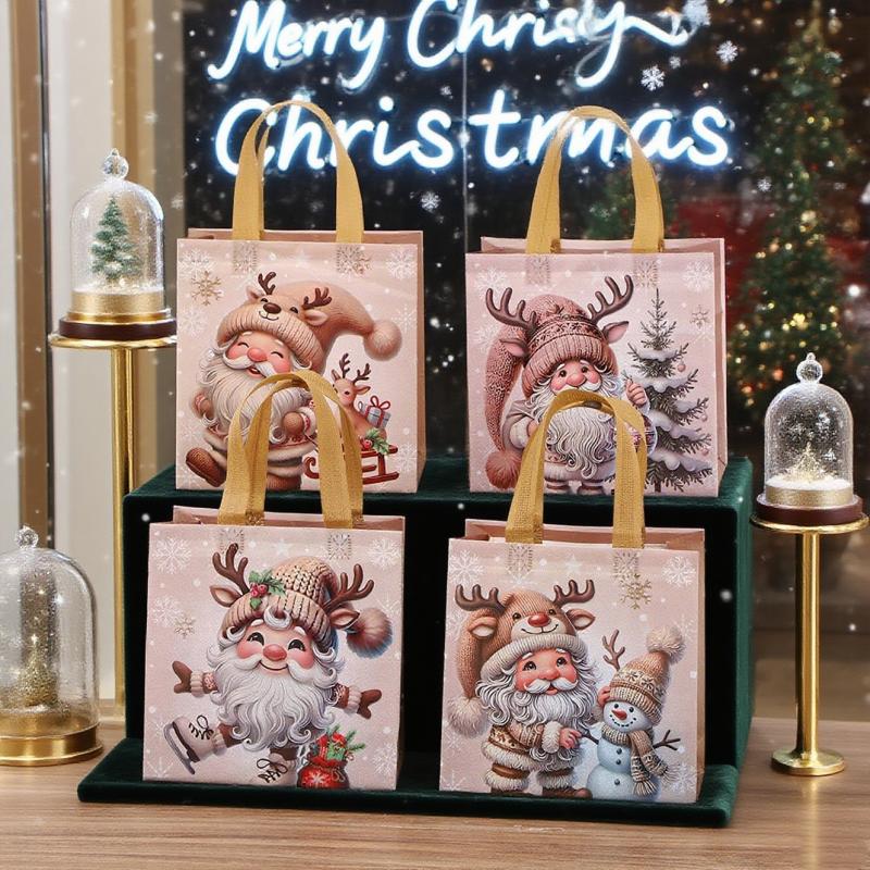 12 Vintage Christmas Gift Bags - Santa Claus, Reindeer, Snowflake Patterns - Beige and Brown Holiday Party Gift Bags, Non-woven