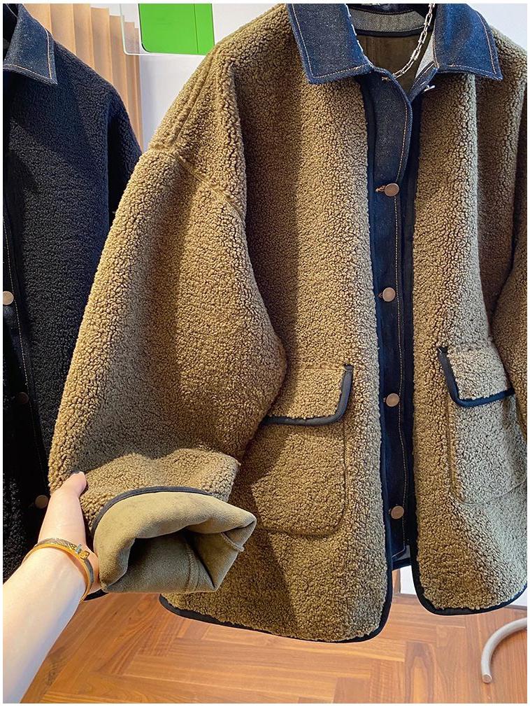 Women's Loose Fit Denim Patchwork Lambswool Jacket - Korean Style Autumn/Winter Plus Size Fur Top