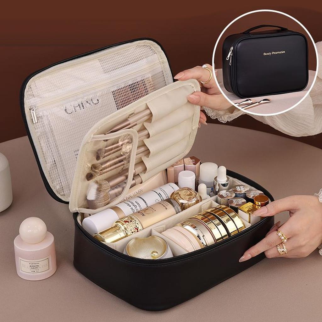 PU Leather Makeup Bag with Large Capacity, Portable, and High-end Outdoor Feel, Layered and Multi-layer Waterproof Makeup Ca