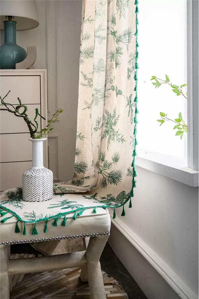 Cortinas Boho con Borla Verde para Dormitorios y Salas de Estar, Cortinas Bohemias Semitransparentes con Diseños de Hojas Verdes, 1 Panel