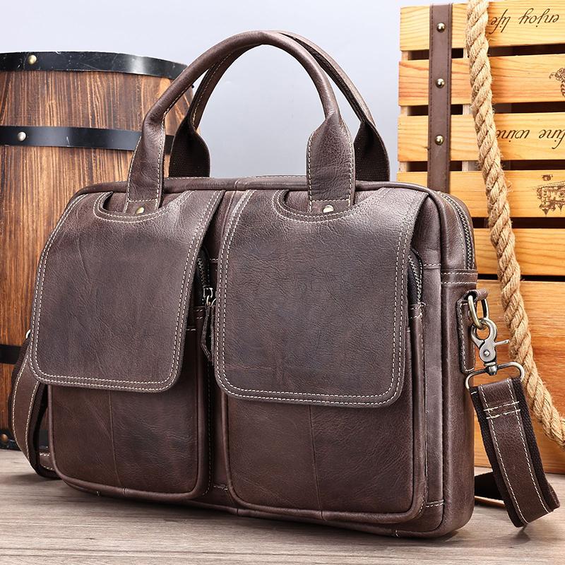 Fashion European and American Retro Style Men's Shoulder Bag Top-Grain Leather Business Briefcase Multi-Pocket Genuine Leather Men's Crossbody Bag
