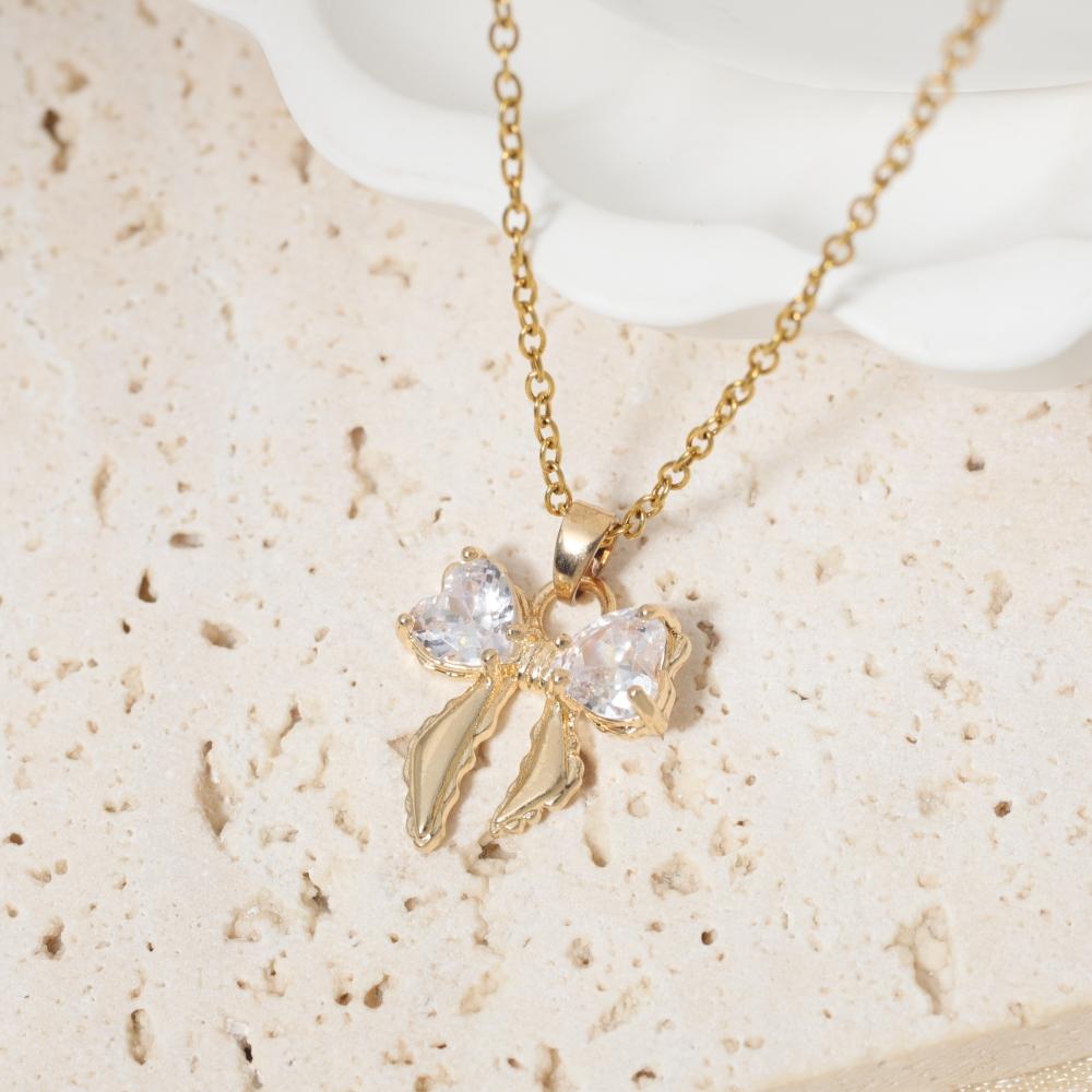 Cute Zirconia Heart Bow Pendant Necklace Jewelry for Women