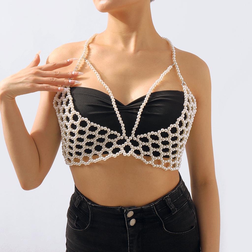 Fashionable Pearl Vest Trendy Hand-woven Body Chain Sexy Hollow Bikini Style Chest Ornament