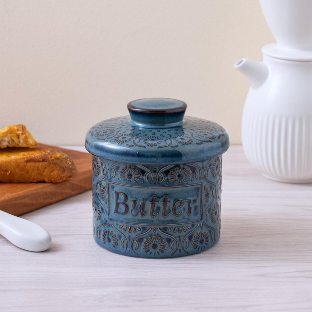 

Vintage Glazed Ceramic Butter Dish with Lid Blue Crackle Butter Container Cheese Storage Pot