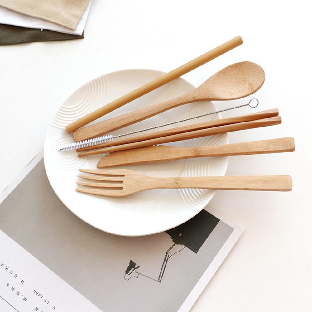 Reusable Bamboo Cutlery Set With Fork Spoon Knife Chopsticks Straw Outdoor Portable Travel Utensils