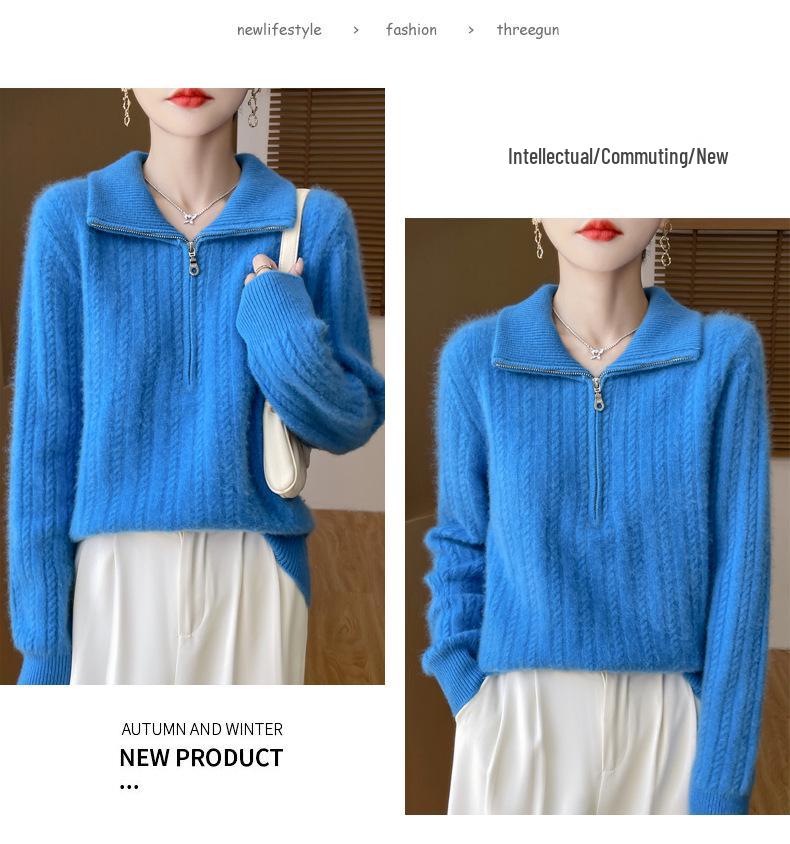 New Women's Thick Lapel Half-Zip Wool Sweater - Soft Cable Knit, Casual Loose Fit for Autumn/Winter