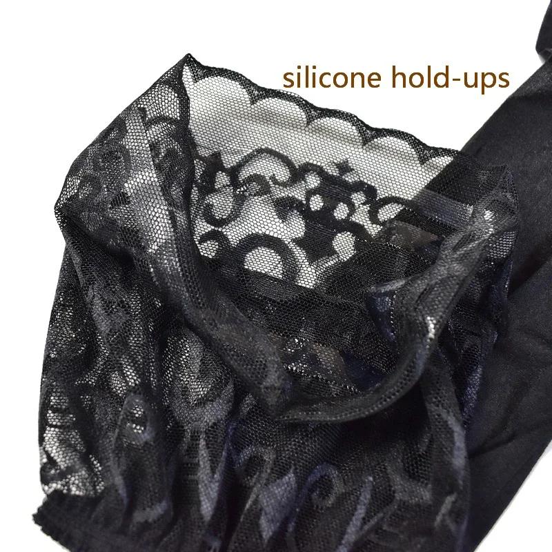 Sexy 5D Ultra Thin Transparent Medias De Mujer Wide Lace Top Silicone Hold Up Thigh High Stockings Oil Shiny Party Club Hosiery