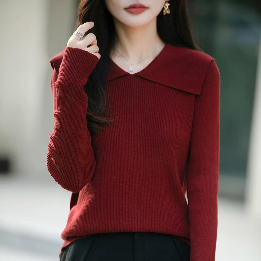 Spring & Autumn Women's Korean Style Elegant Solid Color Lapel Knitwear Sweater