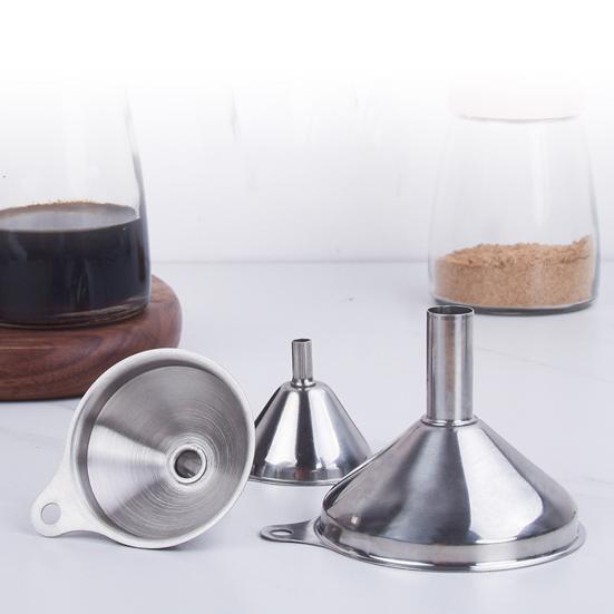 3 Sizes Stainless Steel Kitchen Funnels Set with Ergonomic Handle Clamp Ring Dishwasher