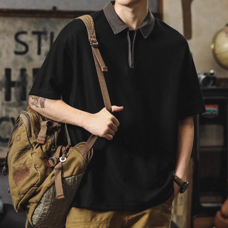 Men's Quarter Zip Contrast Collar Polo Shirt Casual Loose Fit Streetwear Top