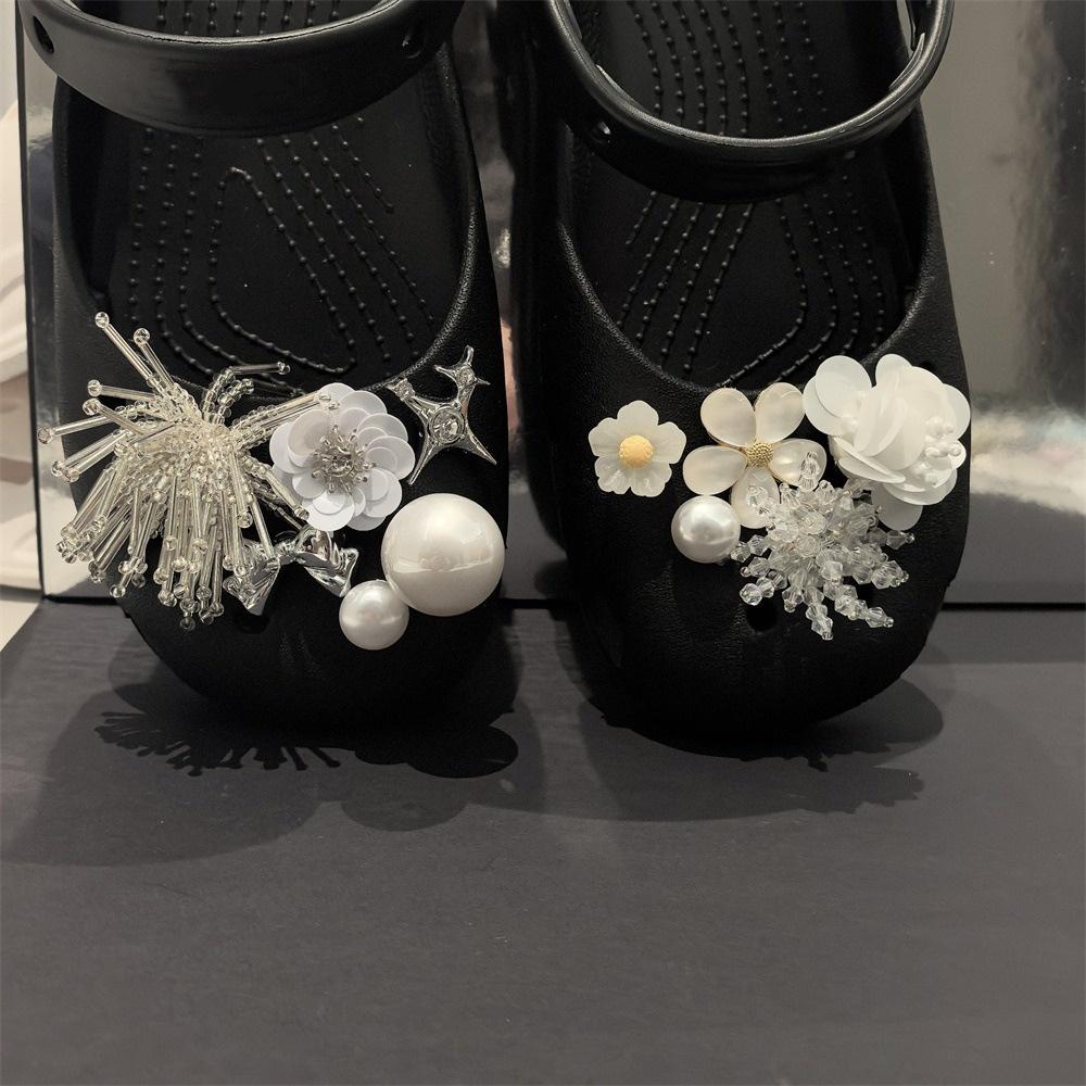 Crystal & Pearl Flower Shoe Charms Set, Elegant White Floral Decorations with Star, Luxury Shoe Accessories