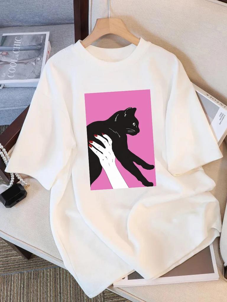 Women T-Shirt Summer Holding A Black Cat Print Short Sleeve Loose O-Neck Soft Comfortable Tops All-Match Woman Clothes