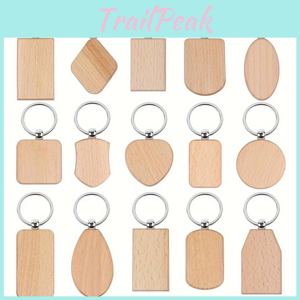 15pcs Assorted Blanks Keychain Wood Wooden Key Tag Key Ring For Diy Gift Crafts Laser Engraving Wood Key Chain Blanks