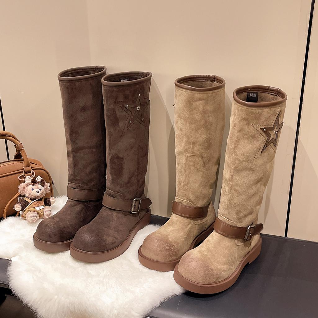 [Fanfuna] 2025 Autumn and Winter New Thick-bottomed Matte Retro Wasteland Wind Belt Buckle Medium Boots Knight Boots