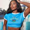 Womens Short Sleeve T-Shirt Letter Embroidery Color Block Slim Fit Street Style Crop Top 2025