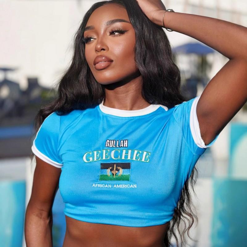Womens Short Sleeve T-Shirt Letter Embroidery Color Block Slim Fit Street Style Crop Top 2025