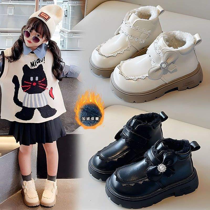 Children's Warm Big Cotton Shoes Girl Martin Boots Velvet Princess Wind Autumn and Winter New Girls Leather Snow Boots Korean Version
