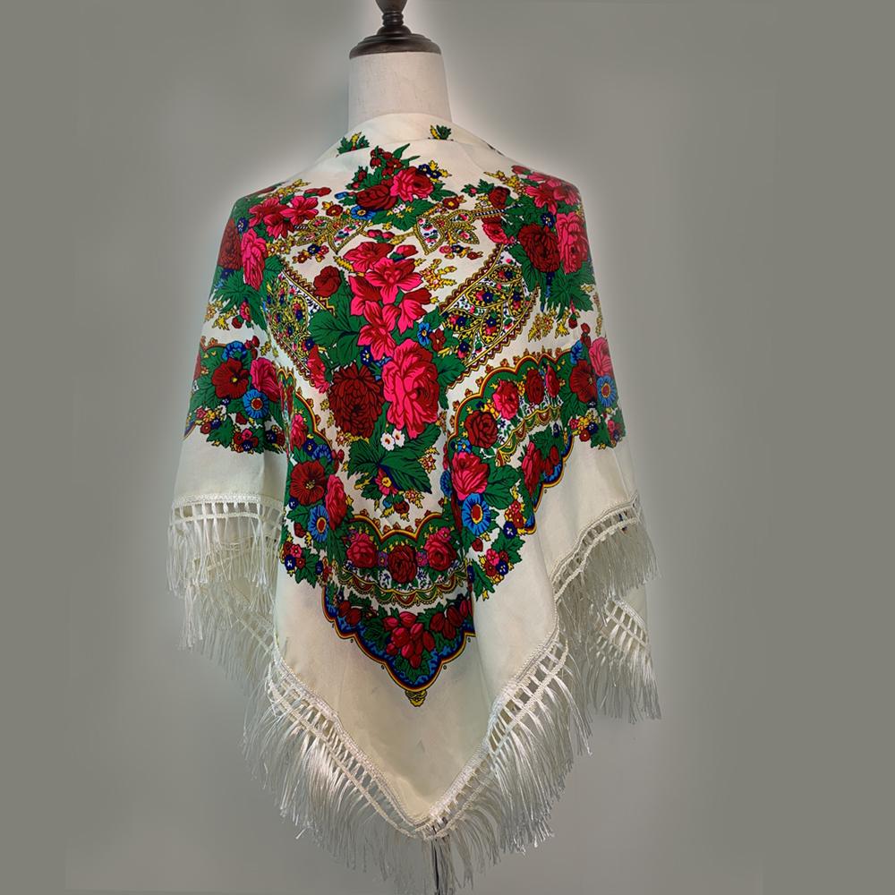 120*120cm New Design Russian Square Scarf Luxury Women Floral Print Ukrainian Fringed Handkerchief Shawls Babushka Head Wraps