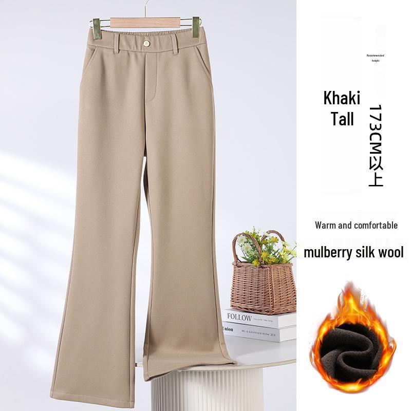

Women s 2025 Plus Size Fleece-Lined Woolen Bell Bottom Pants - High-Waisted, Soft, Fluffy, Micro-Flare with Silk & Wool Velvet Details XL