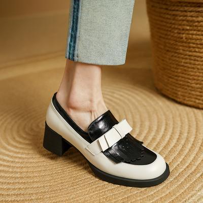Moda 2025 Nuevos Zapatos de Tacón Grueso Cuadrado Retro para Mujer, Zapatos de Salón de Piel Genuina Elegantes, Zapatos de Tacón Grueso Cuadrado para Oficina, Zapatos de Tacón Grueso Cuadrado Concisos para Oficina