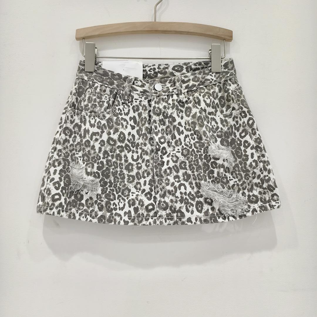 Leopard print ripped denim short skirt women s summer high waist and thin fashion foreign trend A word half body hip skirt S белый