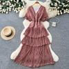 French V-neck Green Pleated Dress for Women's Summer Waist and Thin A-shaped Cake Long Dress Dopamine Wind