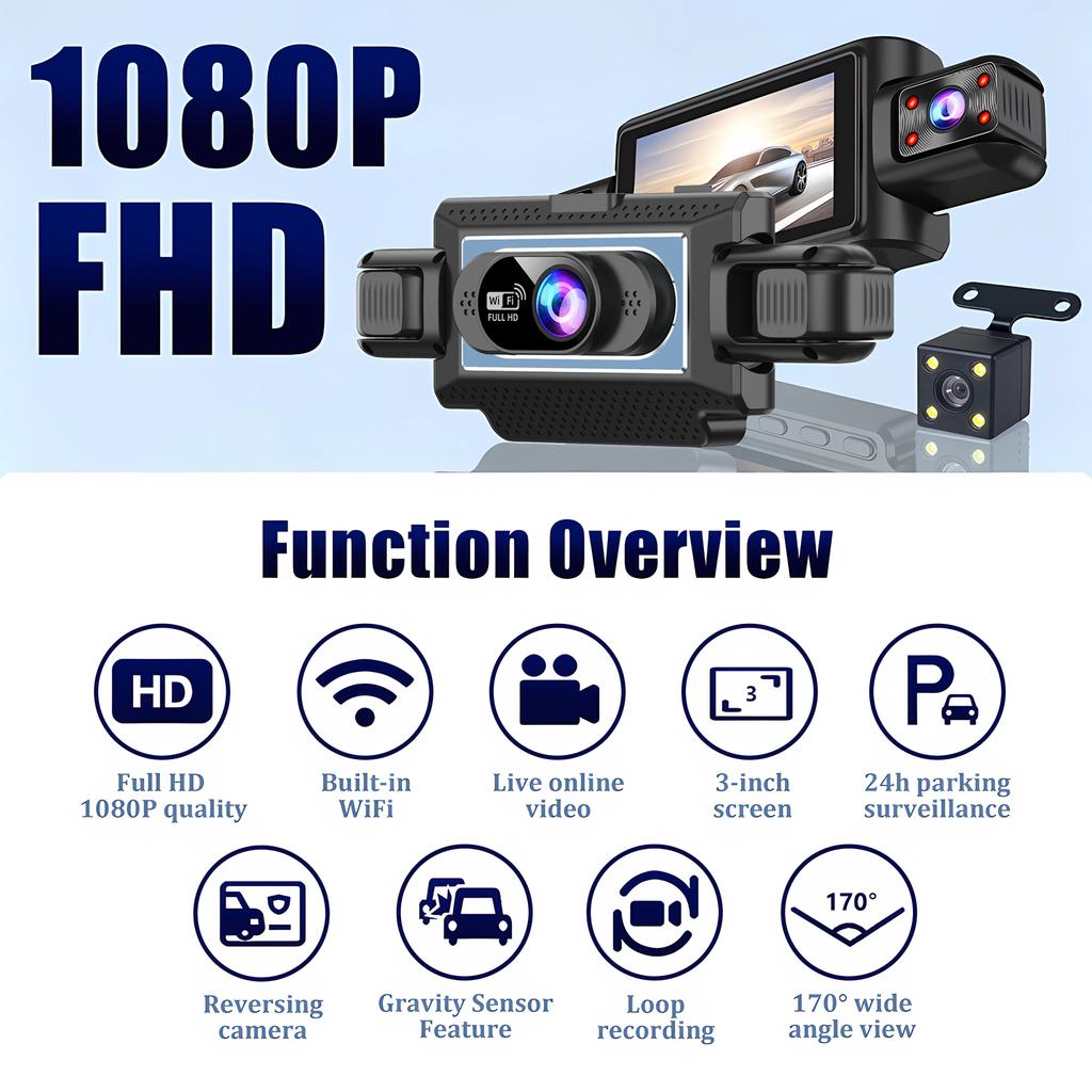 4-Channel 360° Dash Cam for Cars – WiFi APP, 1080P, 4 Camera Lenses, Rear View, Video DVR