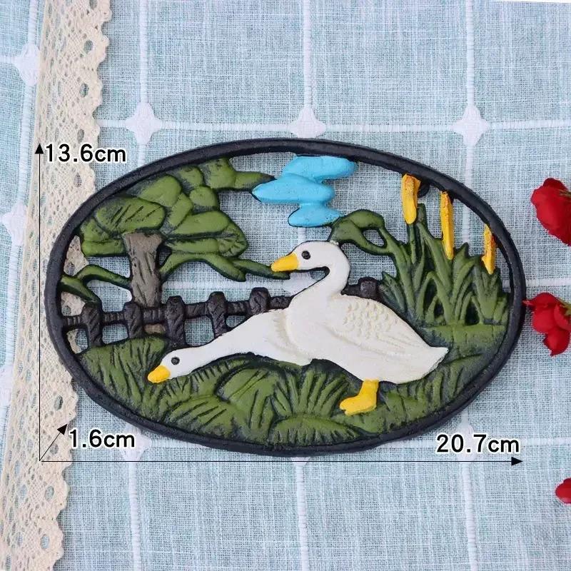 Cadre Isolant Rooster Rétro Peint en Fonte Tasses Casseroles Bols Assiettes Tapis de Repas Ronds Décoration de Cuisine Maison Ornements Artisanaux