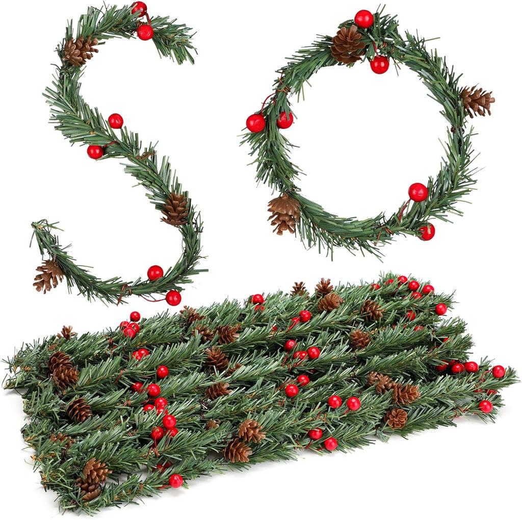 24 Pcs Christmas Garland Ties with Red Berries & Pine Cones for Holiday Decor