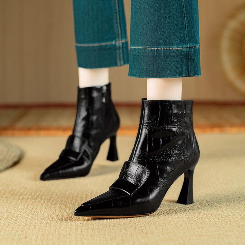 Fashion NEW Autumn Women Boots Pointed Toe High Heel Shoes Split Leather Shoes for Women Elegant Modern Boots Daily Shoes Zipper Boots