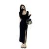 Black Sexy Super Body Long-sleeved Dress Autumn Royal Sister Slim-fitting Bottom Split-ended Little Mother Style Hip-wrapped Long Dress