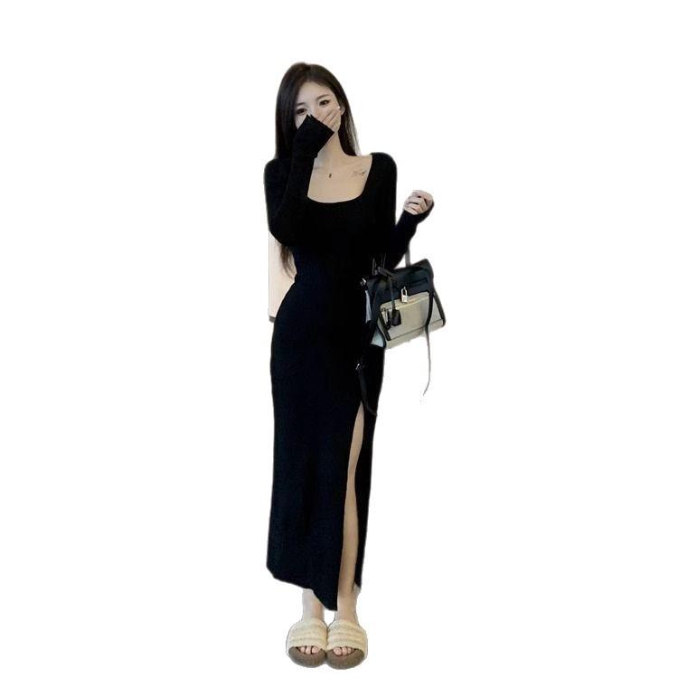 Black Sexy Super Body Long-sleeved Dress Autumn Royal Sister Slim-fitting Bottom Split-ended Little Mother Style Hip-wrapped Long Dress
