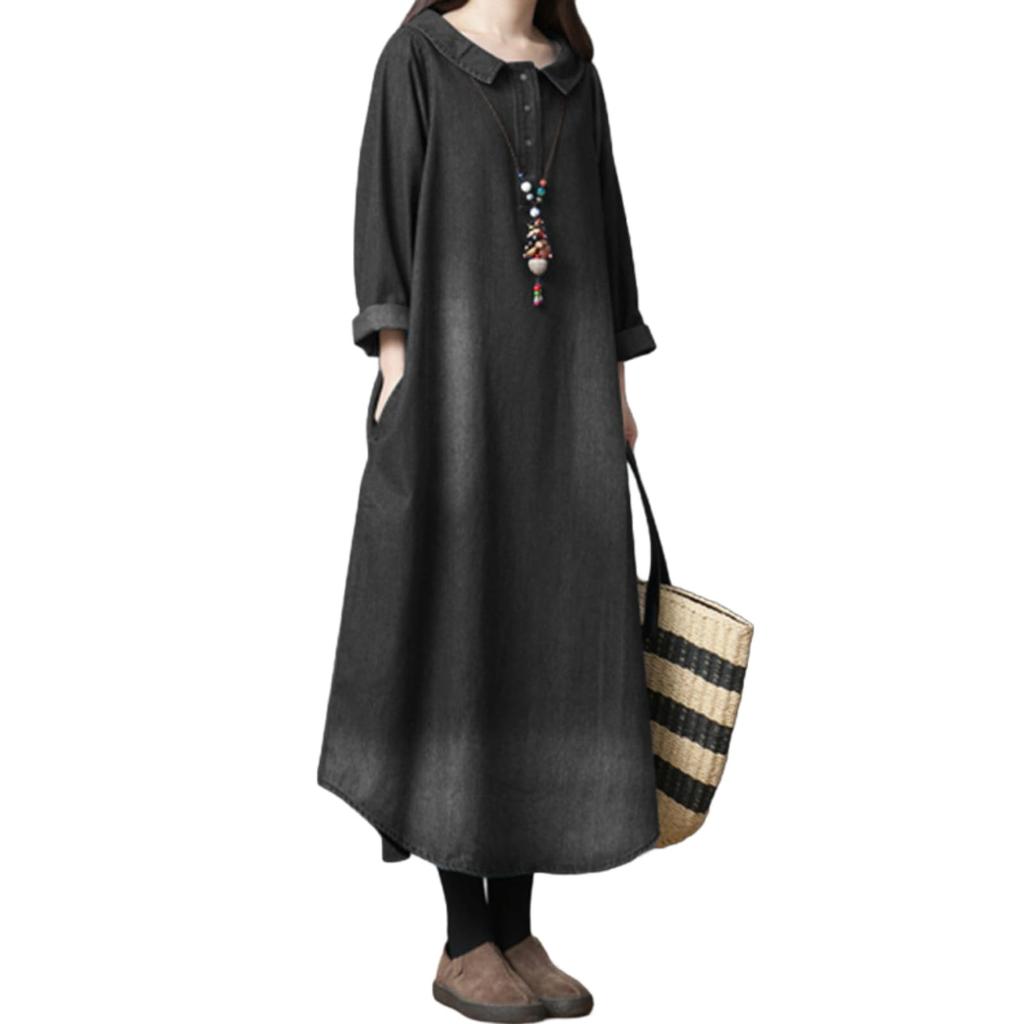 JINJUDUO Denim Long Loose Long with Office Winter Women's Dress, Sleeve, 100% Cotton, Fit, Length, Slimming, All-Season Pullover, Pockets, Casual,