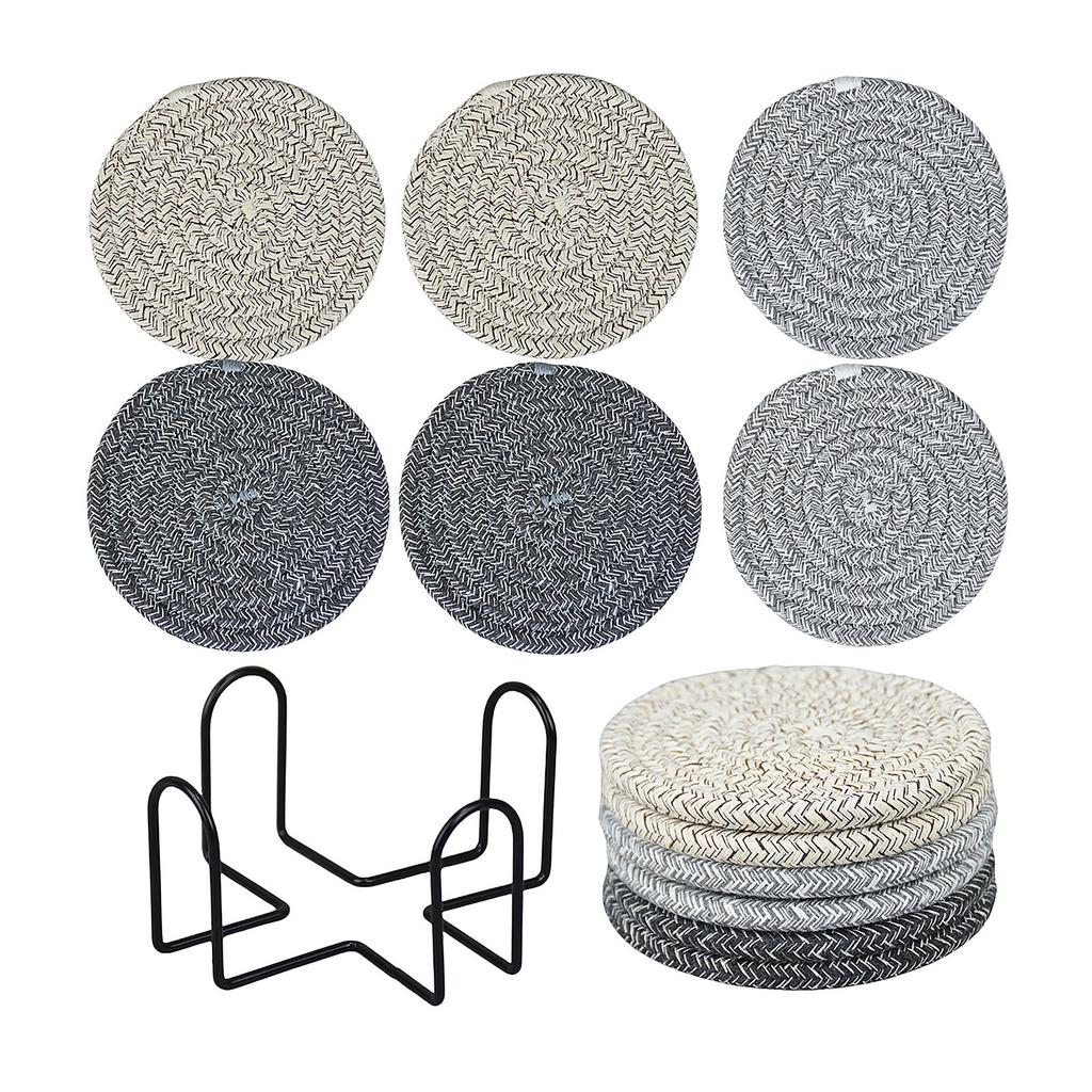 Set of 6 Round Woven Cotton Yarn Placemats with Non Slip Heat Resistant Surface and Metal Storage Rack for Dining Table Protection