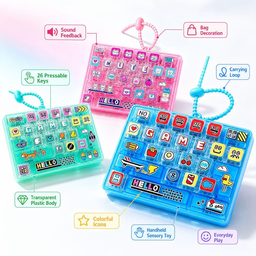 Clear Key Sounds Keyboard Keychain 26-key Press Button Toy Keyboard Fidget Toy Bag Ornament