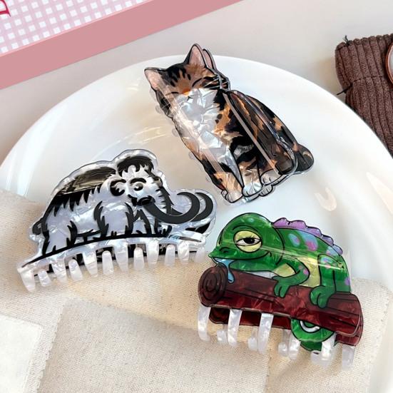 Hair Claw with High-Elastic Spring, Cat Mammoth Lizard Pattern Hair Clip with Ice-Cracked Pearlescent Texture, Firm Grip Shower Back Head Hair Claw