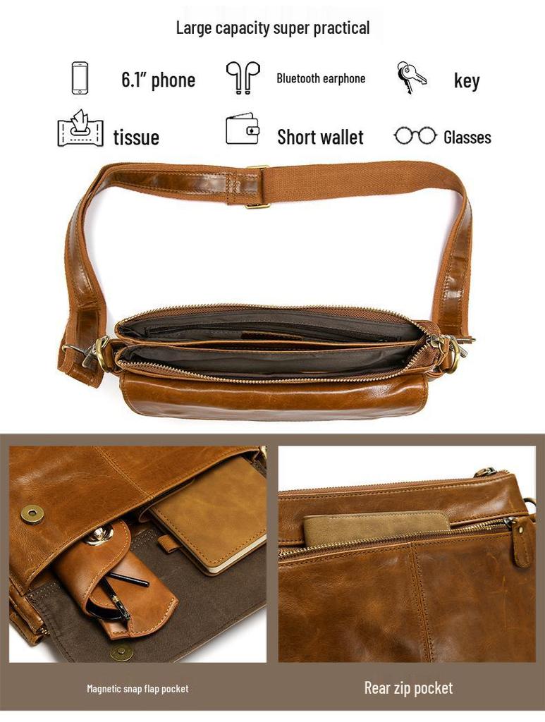 Men's Top-Grain Cowhide Oil-Wax Leather Vintage Shoulder Bag - Casual Commuting Crossbody Bag