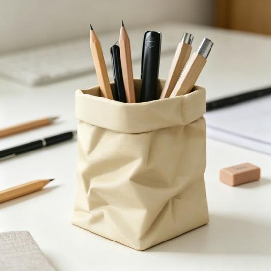 Cute Paper Bag Style Pen Holder 3D Printed Pencil Cup Desk Stationery Makeup Brushes Organizer for Workspace Office School Supplies