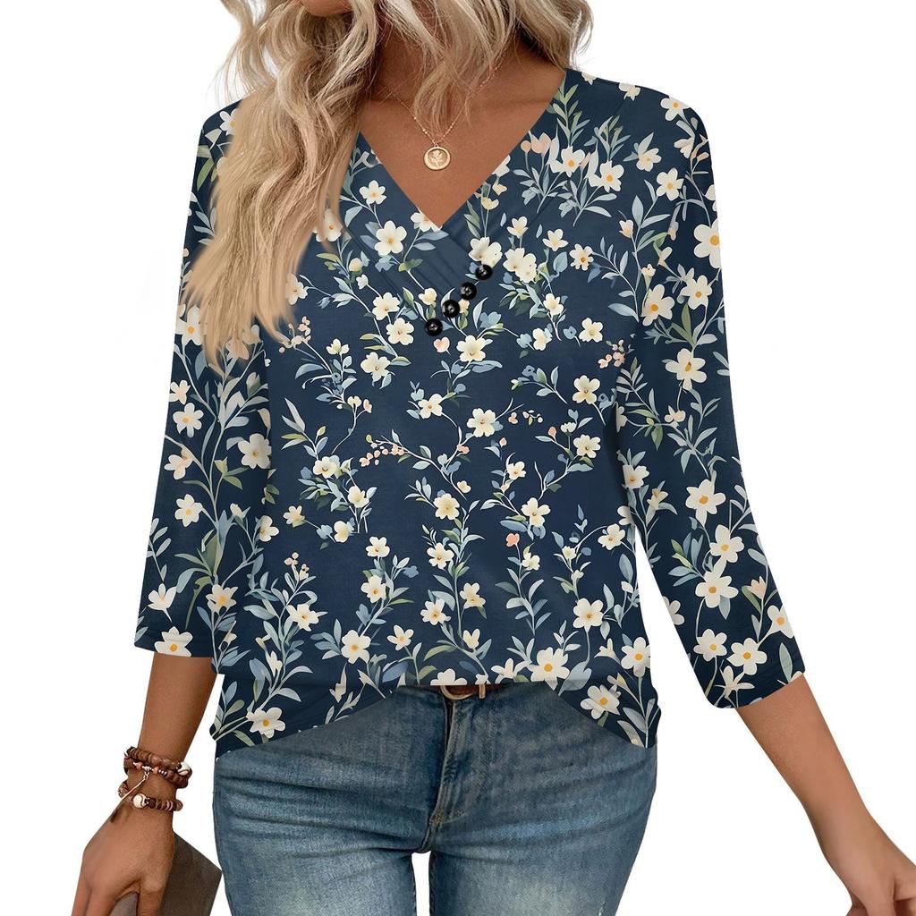 Women's Print Top Button-down V-neck T-shirt 3/4 Sleeve Loose Fashion Top