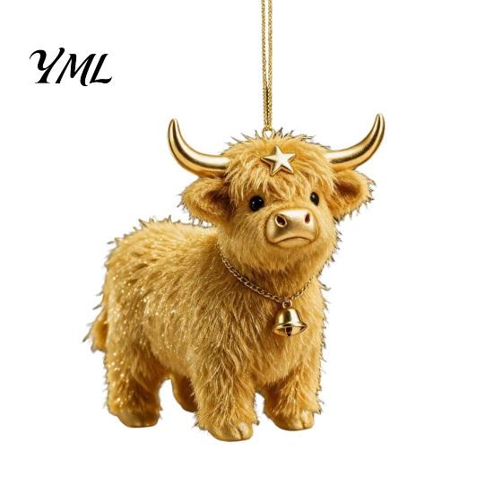 Flat Acrylic Ornaments for Christmas Tree Highland Yak Ornament Hanging Decor, Cute 2D Reusable Pendant Home Decor with Gold String Holiday