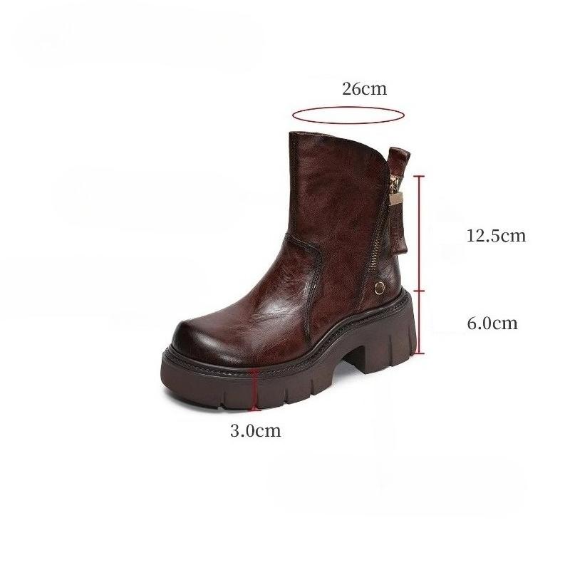 Johnature Retro Thick Soled Side Zipper Women's Short Boots Genuine Leather Knight Boots