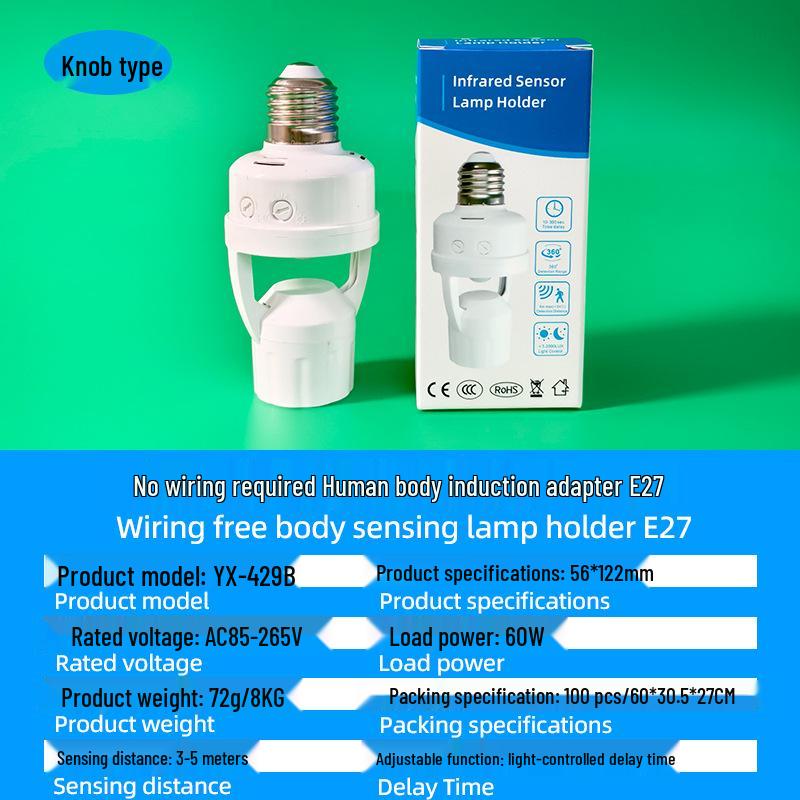 E27 Screw Infrared Sensor Lamp Holder: No Wiring, Auto On/off with Adjustable Light Delay.
