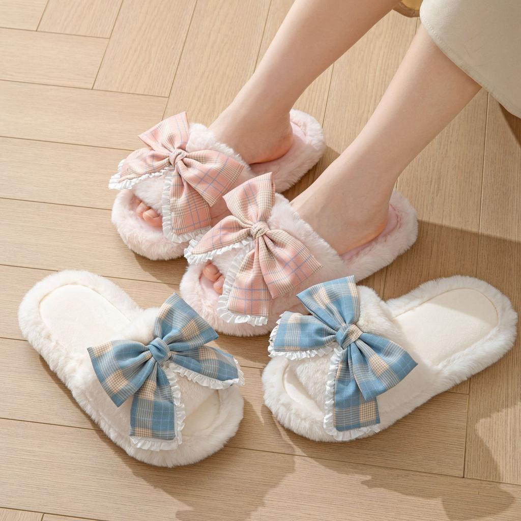 Elegante Hausschuhe mit Fell Mädchen Baumwollhausschuhe Schleife Zuhause Plüschhausschuhe Indoor Fellhausschuhe Damen Hausschuhe Hausschuhe Rosa