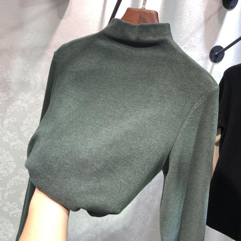 Damen Herbst/Winter Koreanischer Stil Samt Unterhemd, Halber Stehkragen, Verdicktes Langarm-T-Shirt