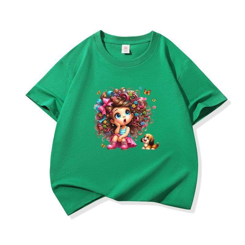 Kids Cotton T Shirt Floral Curly Hair Girl Sitting With Puppy Dog Print Crew Neck Short Sleeve Tee Casual Boys Girls Summer Tops