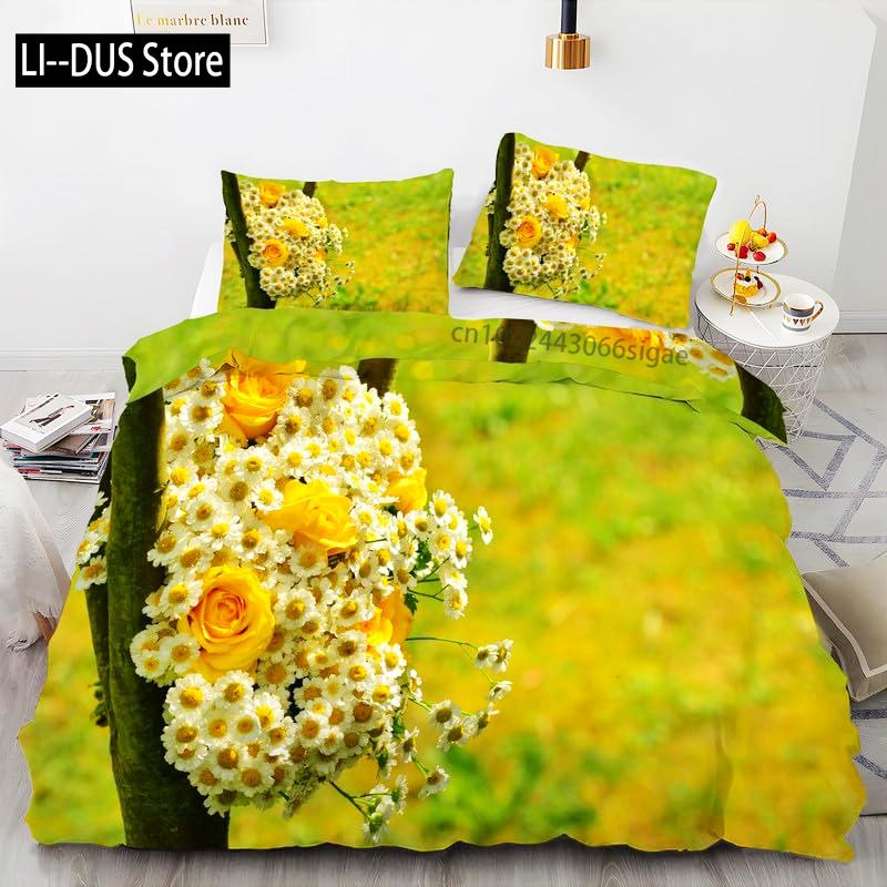 Daisy Flowers Bedding Set Twin Size, Floral Duvet Cover Bed Comforter Cover Set for Kid Boy Girl, Quilt Cover Set Decor 3 Piece