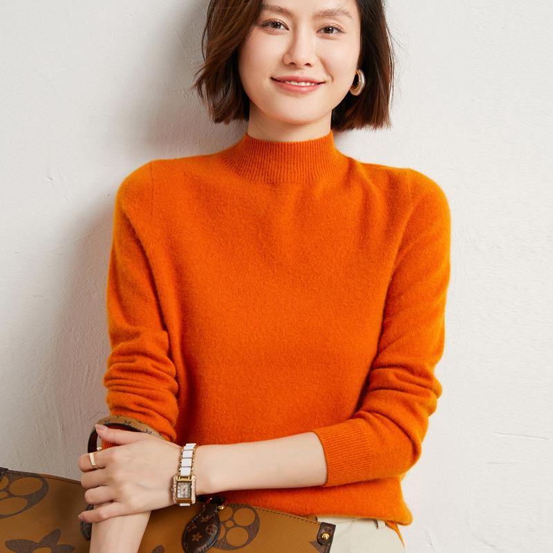 2024 Fall/Winter Women's 100% Wool Semi-High Neck Loose Knitted Sweater