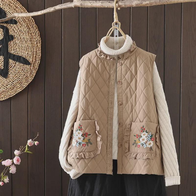 2023 Winter Women's Embroidered Cotton Vest: Loose, Versatile Large Size with Double Pockets